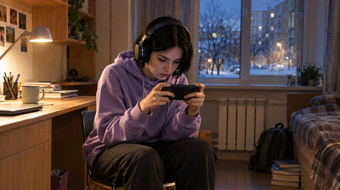 Студентка играет в мобильную онлайн-игру на смартфоне